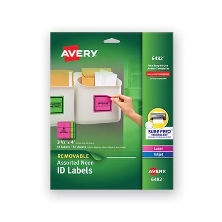 Avery Dennison Avery, HIGH-VIS REMOVABLE LASER/INKJET ID LABELS W/ SURE FEED, 3 1/3 X 4, NEON, 72PK 6482